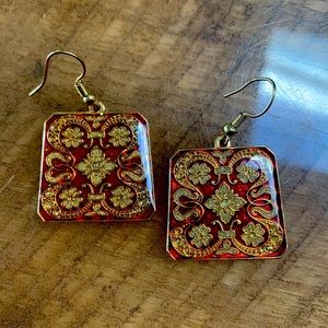 2/$15 - Vintage Enamel Red & Gold Drop Earring